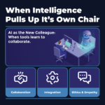 A modern office with AI-assisted robots and humans collaborating seamlessly