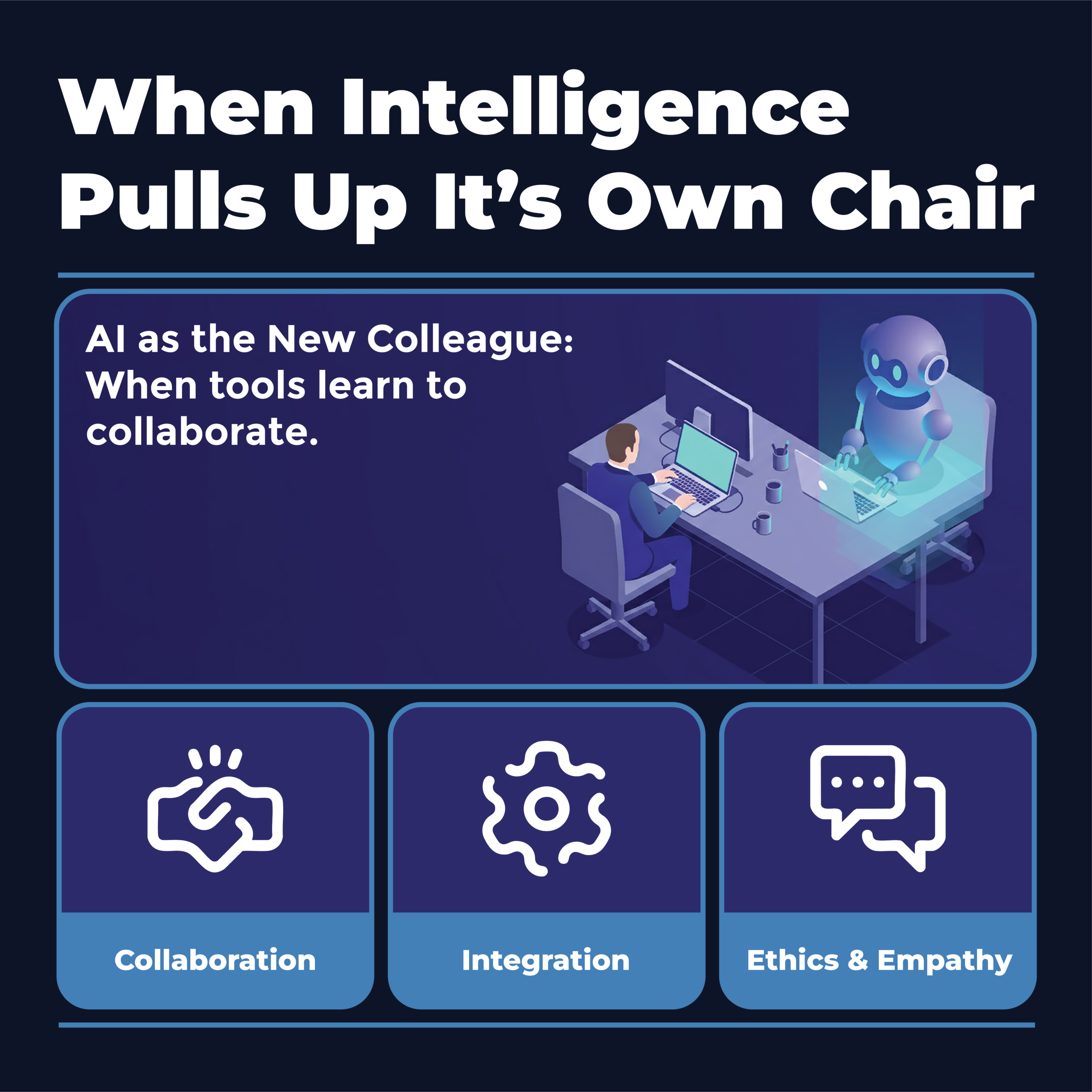 A modern office with AI-assisted robots and humans collaborating seamlessly