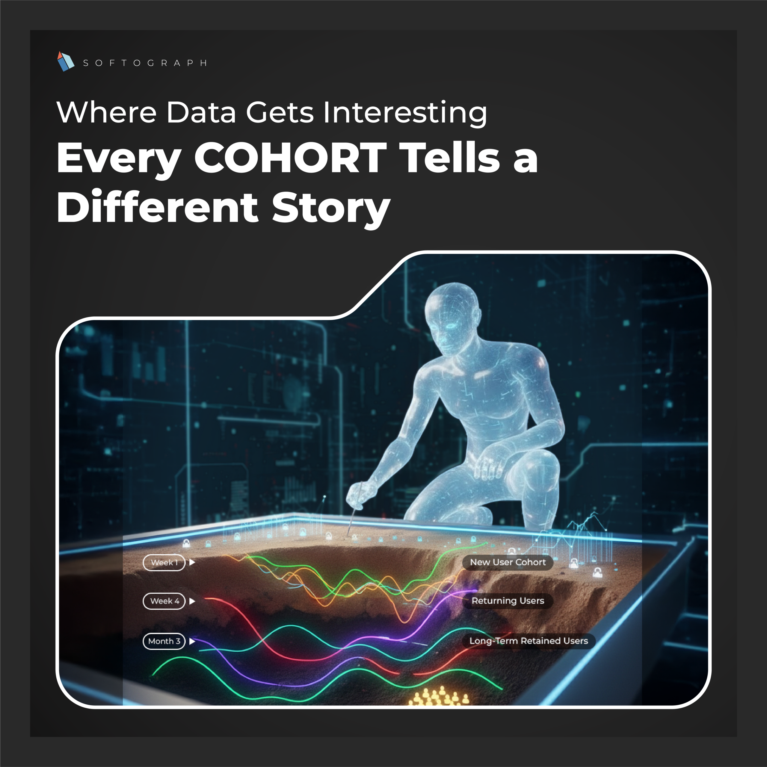 Archeology of cohort analysis visual showing layered data segments and user behavior patterns