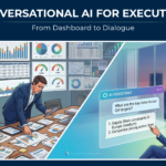 A corporate leader reviewing real-time data using conversational AI for executives on a tablet during an enterprise strategy meeting.