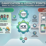 Infographic comparing gamification vs. loyalty points performance tracking and consumer retention metrics in emerging markets.