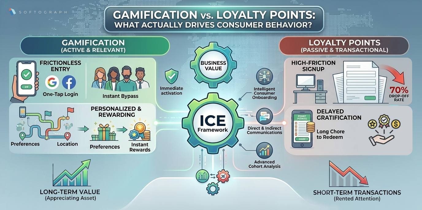 Infographic comparing gamification vs. loyalty points performance tracking and consumer retention metrics in emerging markets.