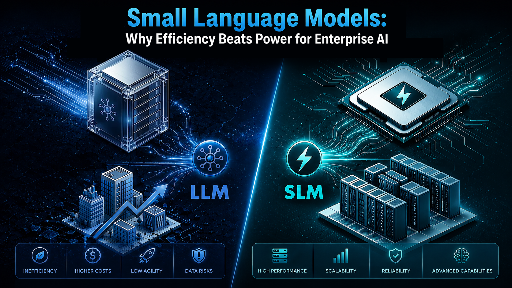 An infographic detailing an enterprise AI ecosystem centered around a high-performance Small Language Model (SLM) SoC microchip, connected to a high-density compute cluster and corporate infrastructure, showing specific performance metrics for cost reduction, business agility, and targeted use cases.