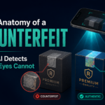 Microscopic neural scan performing AI counterfeit detection on product packaging material.