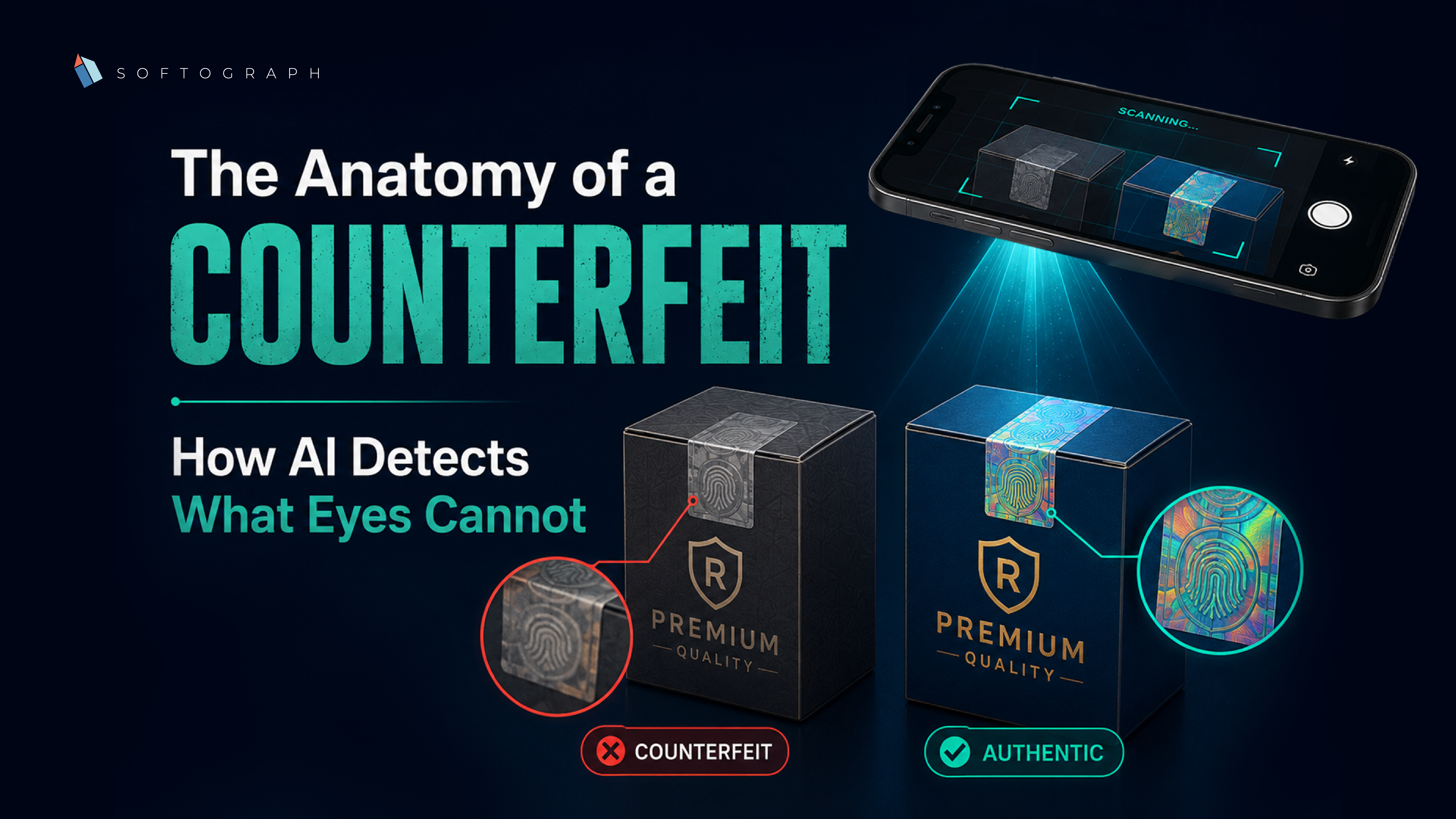 Microscopic neural scan performing AI counterfeit detection on product packaging material.